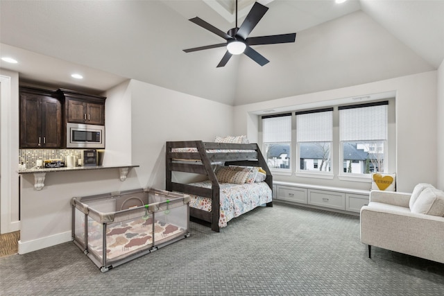 bedroom with carpet floors, baseboards, vaulted ceiling, and recessed lighting