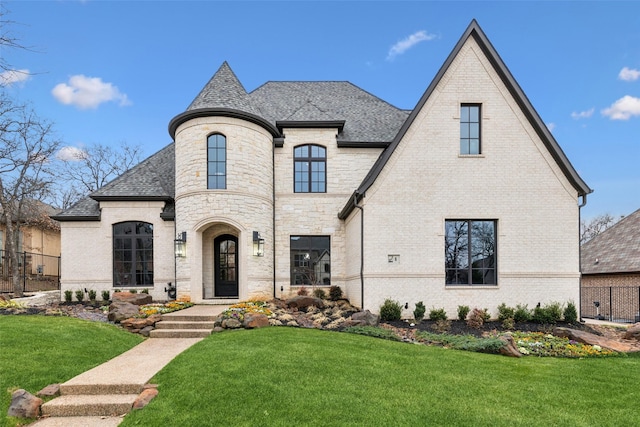 french country home with brick siding, roof with shingles, and a front yard