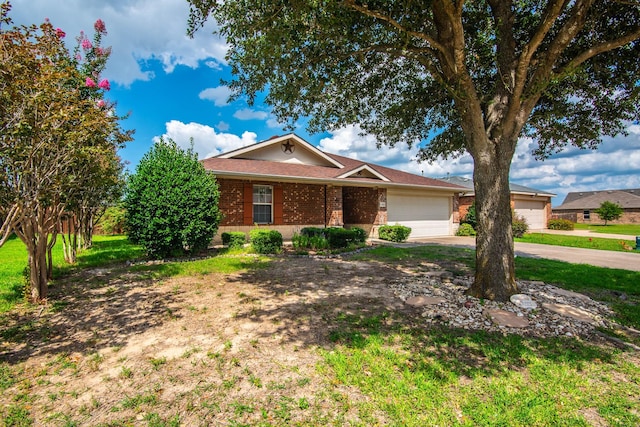 ranch-style home with brick siding, a porch, concrete driveway, a garage, and a front lawn