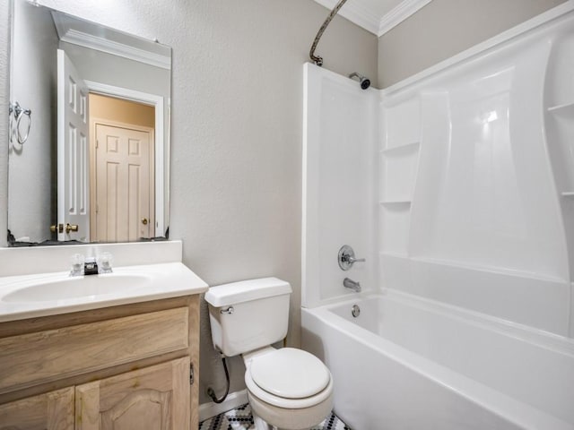 bathroom with toilet, shower / bath combination, crown molding, and vanity