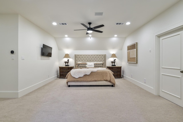 bedroom with light carpet, visible vents, and recessed lighting