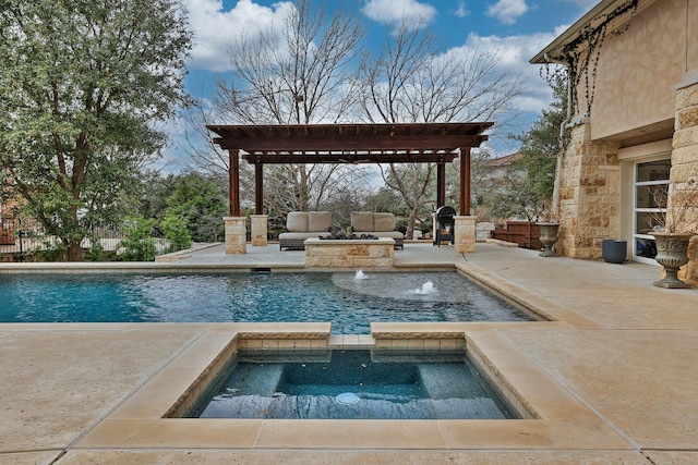 view of swimming pool featuring a fenced in pool, a pergola, a patio, and an in ground hot tub