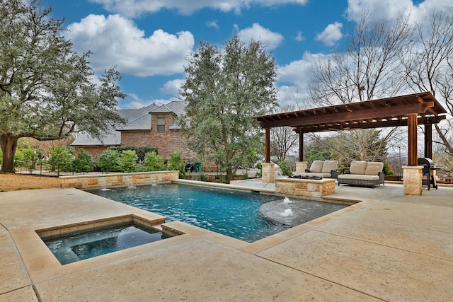 view of swimming pool with a fire pit, an in ground hot tub, a patio area, and a fenced in pool