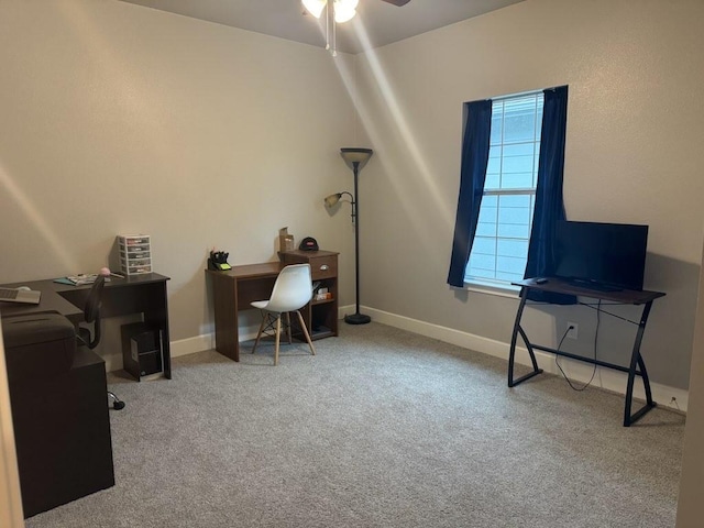 office with ceiling fan, carpet, and baseboards