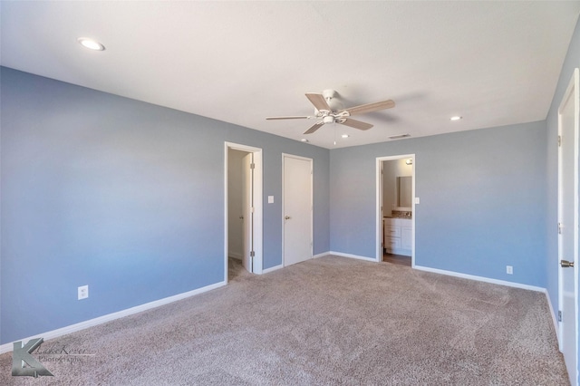 unfurnished bedroom with recessed lighting, carpet flooring, visible vents, and baseboards