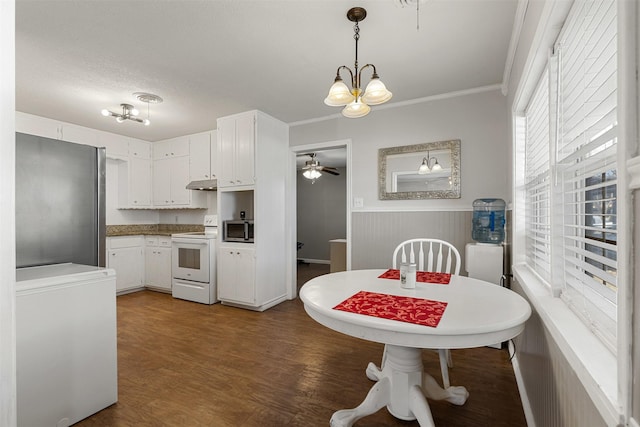 kitchen featuring white range with electric cooktop, under cabinet range hood, wood finished floors, white cabinetry, and stainless steel microwave