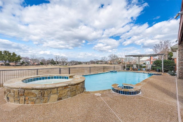 view of swimming pool with a fenced backyard, a pool with connected hot tub, a pergola, and a patio