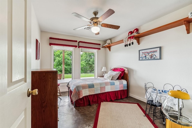 bedroom featuring ceiling fan, visible vents, and baseboards