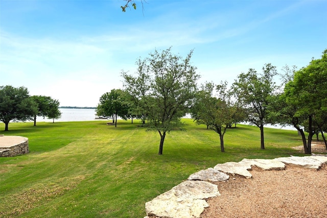 surrounding community with a lawn and a water view