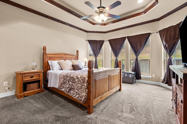 110 Bolivar Dr, Weatherford, TX 76085 - bedroom featuring carpet floors, crown molding, a tray ceiling, baseboards, and ceiling fan