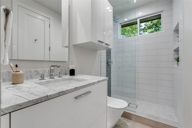 bathroom featuring toilet, a stall shower, and vanity