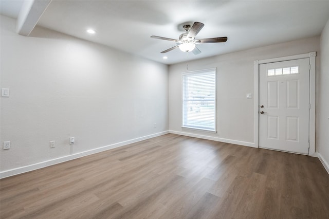 entryway with a ceiling fan, baseboards, wood finished floors, and recessed lighting