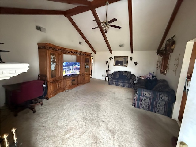 carpeted living area with high vaulted ceiling, ceiling fan, visible vents, and beam ceiling