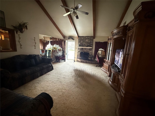 carpeted living area with high vaulted ceiling, a brick fireplace, beam ceiling, and a ceiling fan