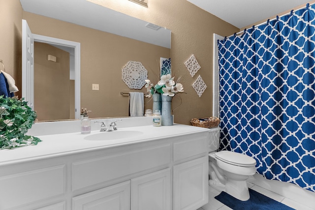 bathroom featuring tile patterned flooring, visible vents, toilet, a shower with curtain, and vanity