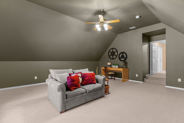 bedroom featuring visible vents, lofted ceiling, carpet floors, baseboards, and ceiling fan