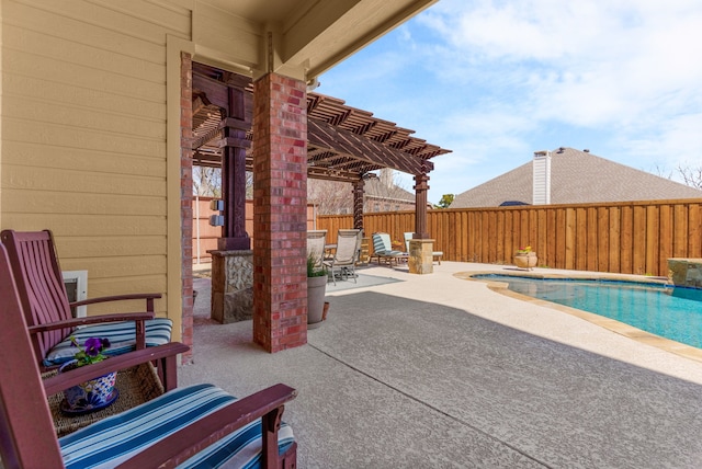 view of patio / terrace with a fenced in pool, a fenced backyard, and a pergola