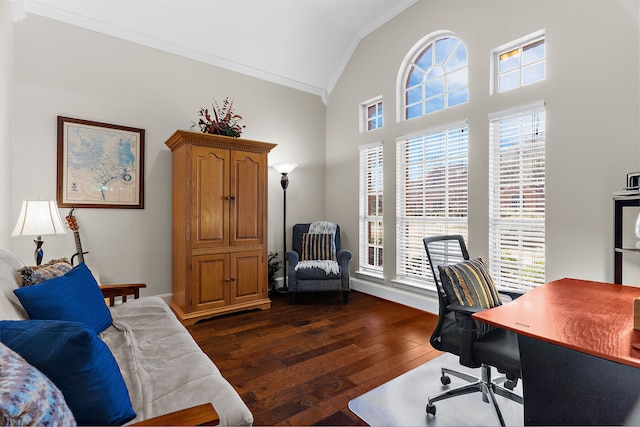 office area with high vaulted ceiling, dark wood-style floors, and crown molding