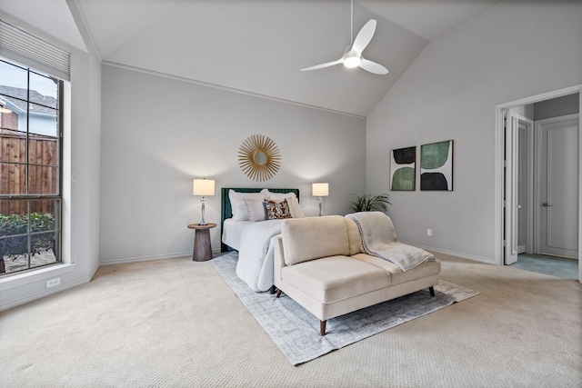 bedroom with ceiling fan, high vaulted ceiling, carpet flooring, and baseboards