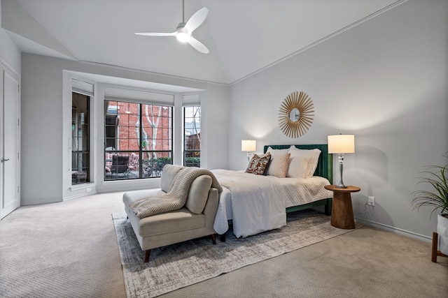 carpeted bedroom with a ceiling fan, access to outside, vaulted ceiling, and baseboards