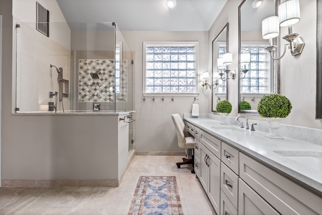 full bath featuring a sink, visible vents, vaulted ceiling, double vanity, and walk in shower