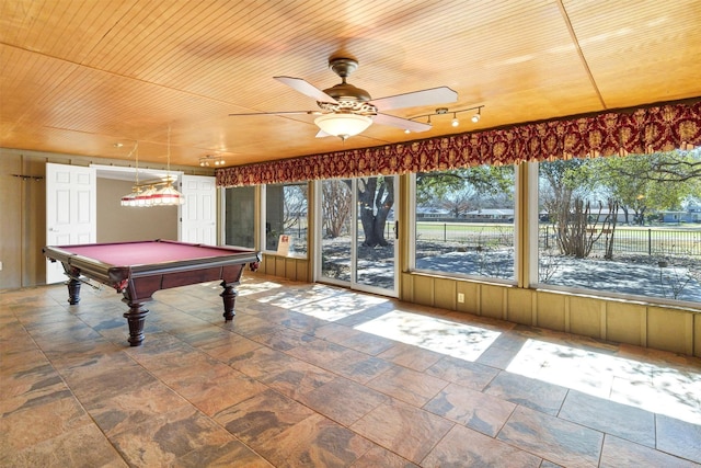 playroom featuring wooden ceiling, pool table, stone finish floor, and ceiling fan