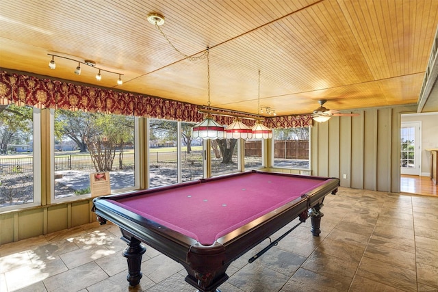 recreation room featuring wooden ceiling, pool table, and ceiling fan