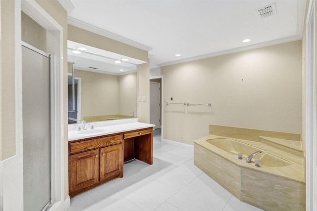 bathroom with a garden tub, visible vents, ornamental molding, and vanity