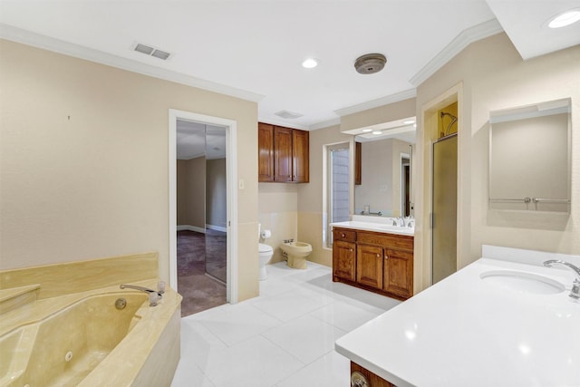 full bath with ornamental molding, tile patterned floors, a sink, a bidet, and two vanities