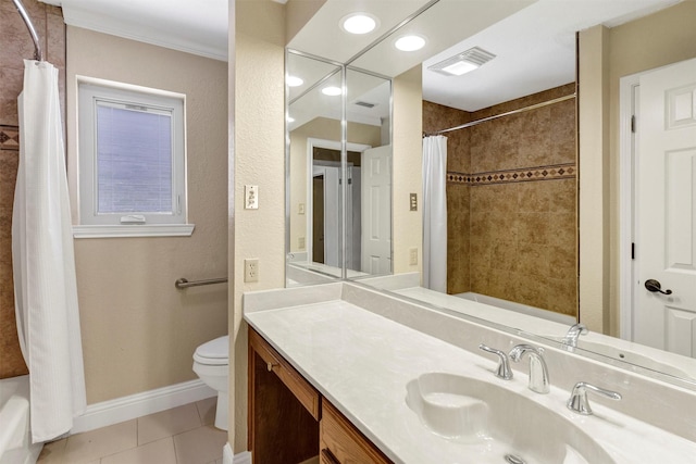 bathroom featuring shower / tub combo with curtain, visible vents, toilet, tile patterned flooring, and baseboards