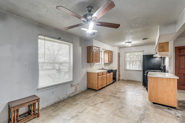 kitchen with visible vents, light countertops, ceiling fan, a textured ceiling, and dishwasher