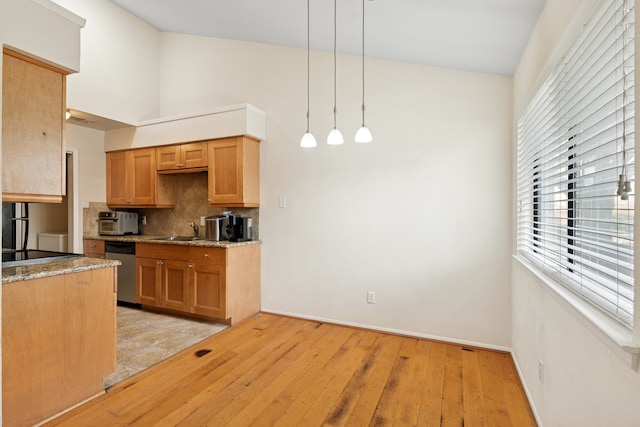 kitchen featuring tasteful backsplash, stainless steel dishwasher, light wood-style floors, pendant lighting, and a sink