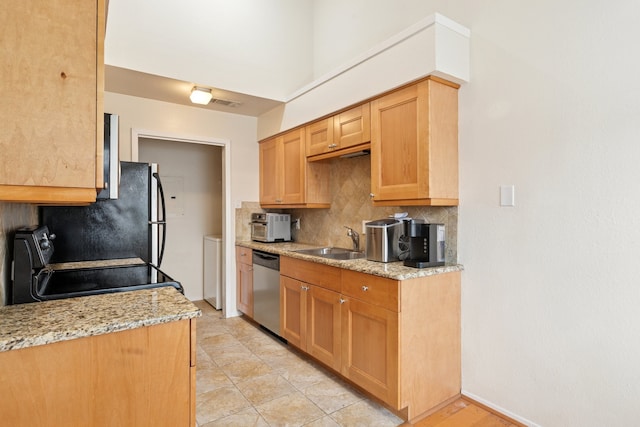 kitchen featuring a sink, visible vents, electric stove, stainless steel dishwasher, and backsplash