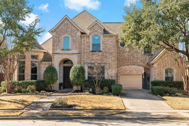 french country inspired facade featuring a garage, concrete driveway, brick siding, and a shingled roof