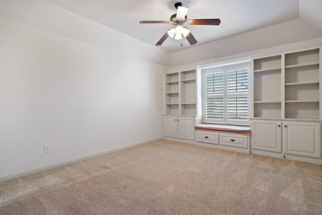 unfurnished bedroom with light carpet and ceiling fan