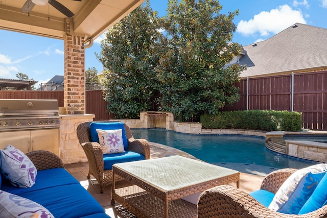 view of swimming pool featuring a fenced backyard, outdoor lounge area, area for grilling, a grill, and a fenced in pool