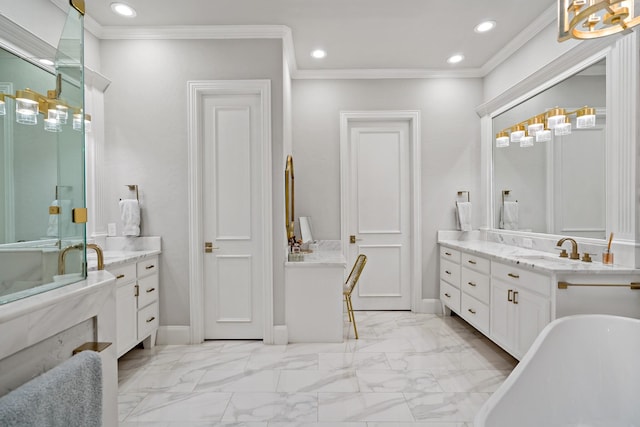 full bath with a freestanding tub, crown molding, vanity, and marble finish floor