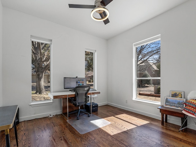 office with a healthy amount of sunlight and wood finished floors