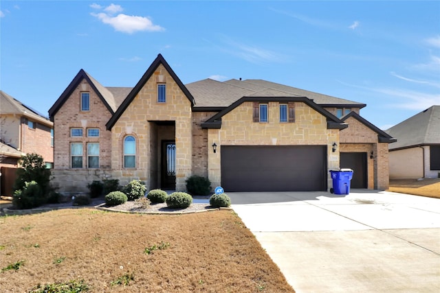 view of front of home featuring brick siding, a shingled roof, concrete driveway, an attached garage, and stone siding