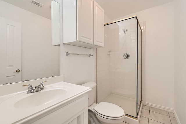 bathroom featuring visible vents, toilet, a shower stall, vanity, and tile patterned flooring