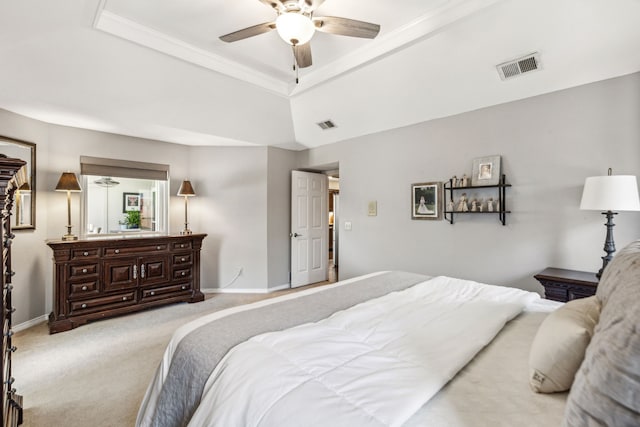 bedroom with carpet floors, baseboards, visible vents, and a raised ceiling