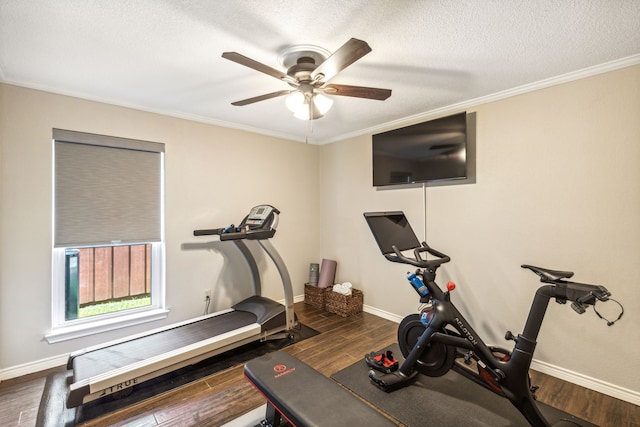 exercise area featuring baseboards, ceiling fan, ornamental molding, wood finished floors, and a textured ceiling