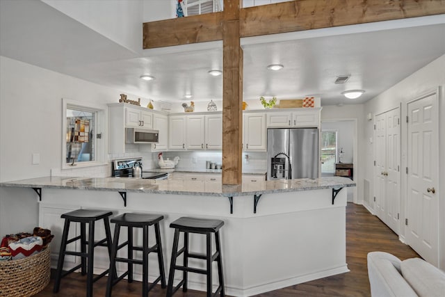 kitchen featuring light stone counters, dark wood-style flooring, tasteful backsplash, appliances with stainless steel finishes, and white cabinetry