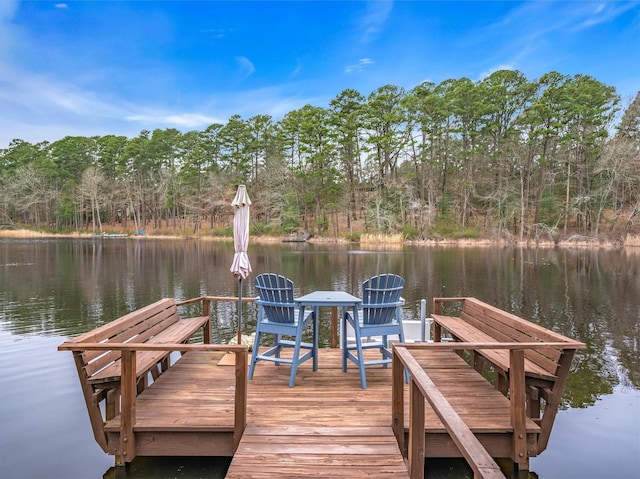 view of dock featuring a water view and a forest view