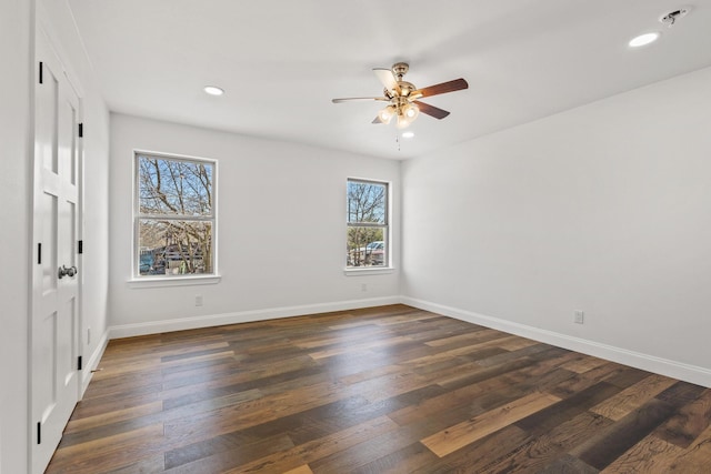 unfurnished bedroom featuring a ceiling fan, recessed lighting, dark wood-style flooring, and baseboards