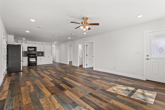 unfurnished living room with dark wood-style floors, recessed lighting, visible vents, a ceiling fan, and baseboards