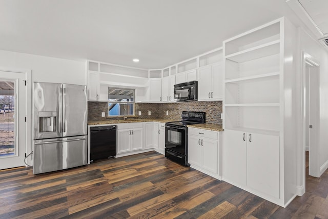 kitchen with dark wood-style floors, open shelves, backsplash, white cabinetry, and black appliances