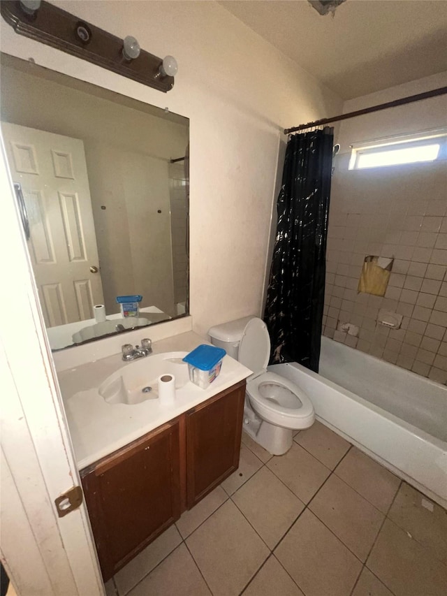 full bathroom with toilet, tile patterned flooring, shower / bathtub combination with curtain, and vanity