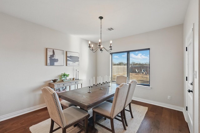 dining area with baseboards, visible vents, and dark wood-style flooring