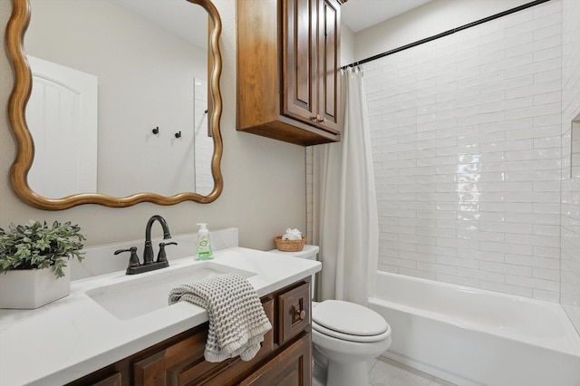 full bath with toilet, shower / tub combo, and vanity